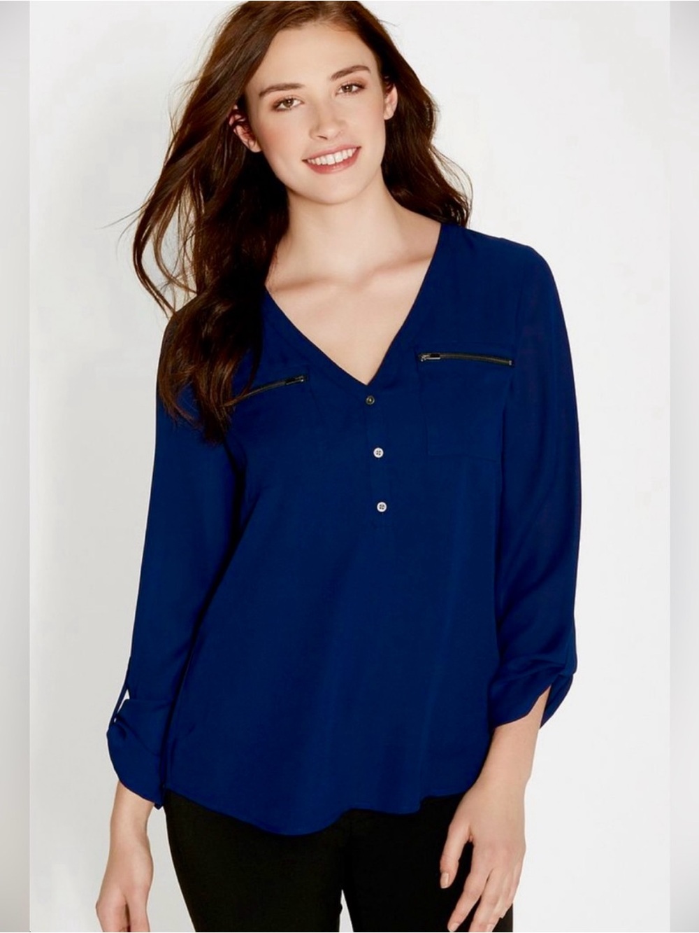 Maurices Navy V-Neck Zip Pocket Blouse w/ optional roll tab sleeve